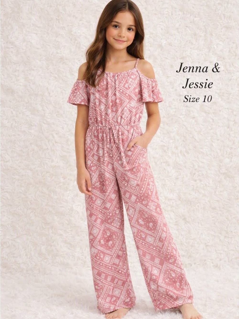 Jenna & Jessie Pink Patterned Cold‑Shoulder Jumpsuit – Size 10 – New